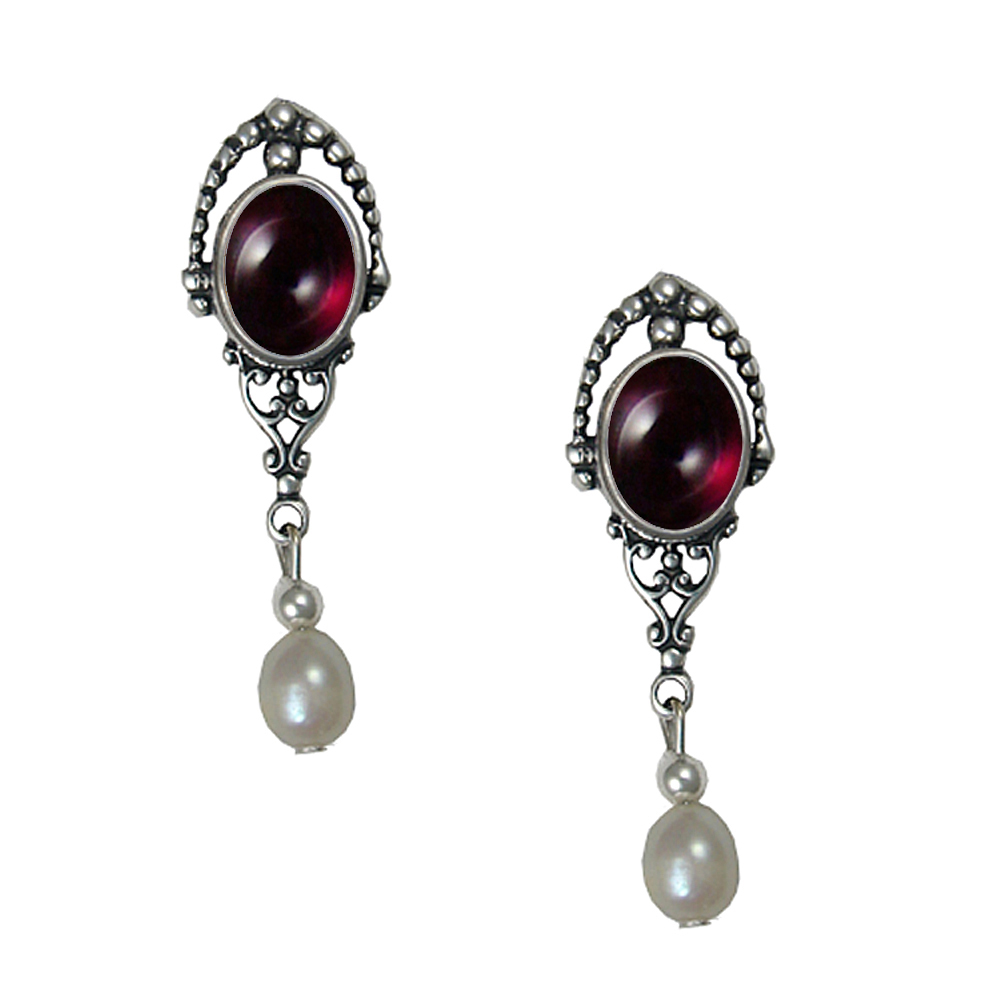 Sterling Silver Cultured Freshwater Pearl Drop Dangle Earrings With Garnet